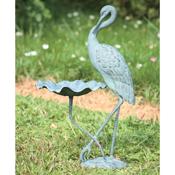 Crane Birdbath Garden Sculpture Verdi Aluminum Scalloped birdfeeder